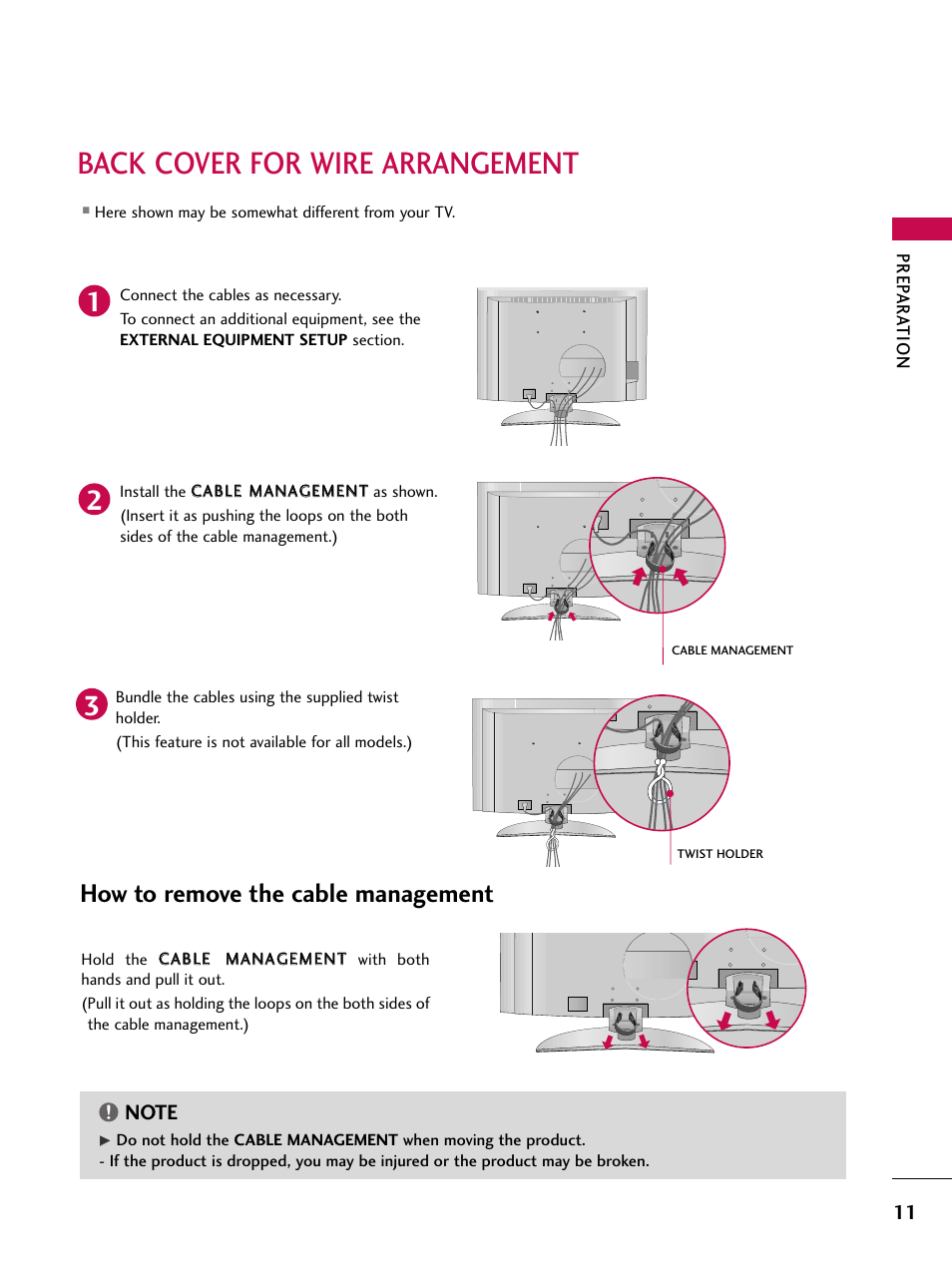 Back cover for wire arrangement, How to remove the cable management | LG 52LBX User Manual | Page 13 / 102