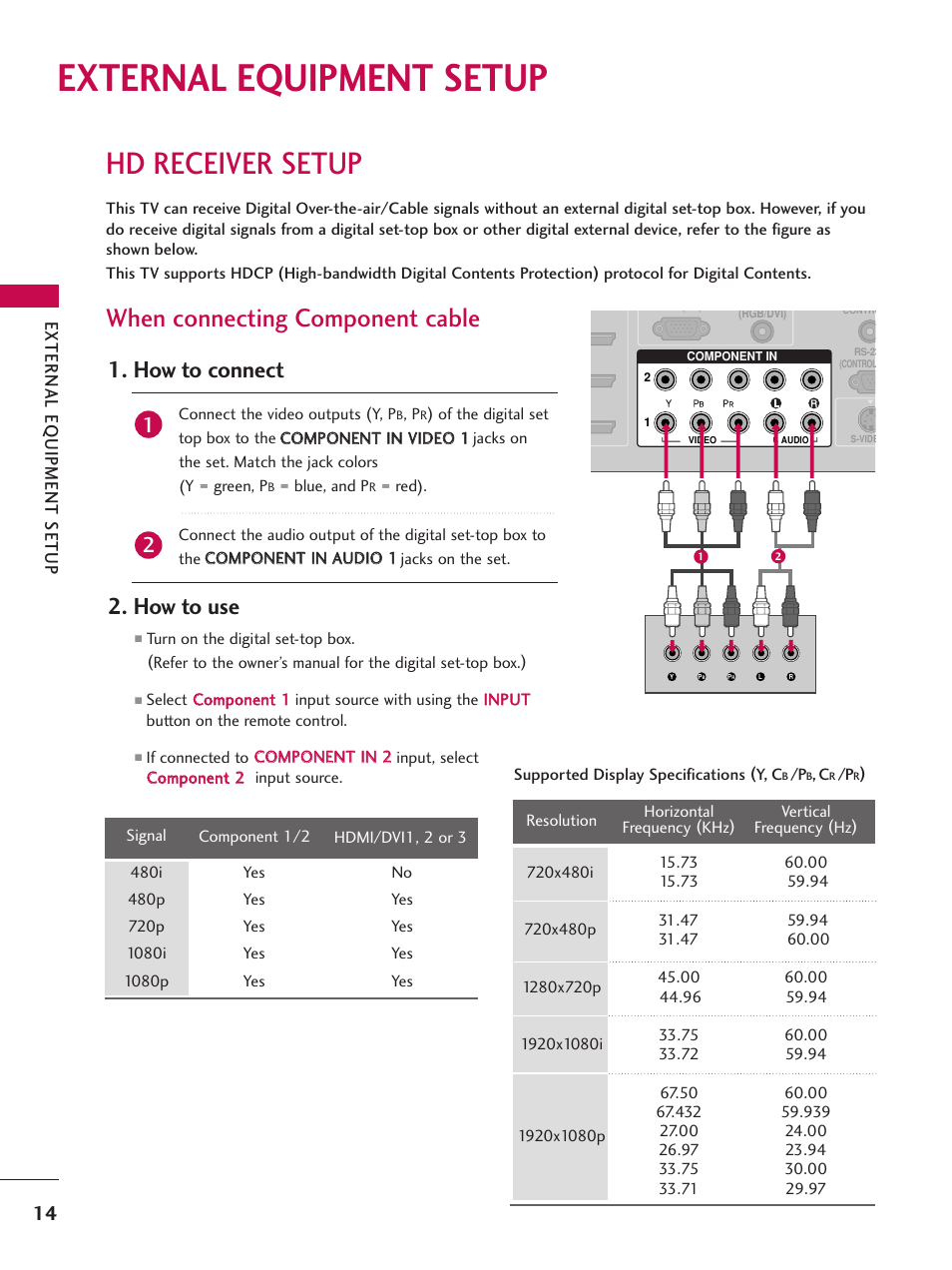 External equipment setup, Hd receiver setup, When connecting component cable | How to connect, How to use, External eq uipment setup | LG 52LBX User Manual | Page 16 / 102