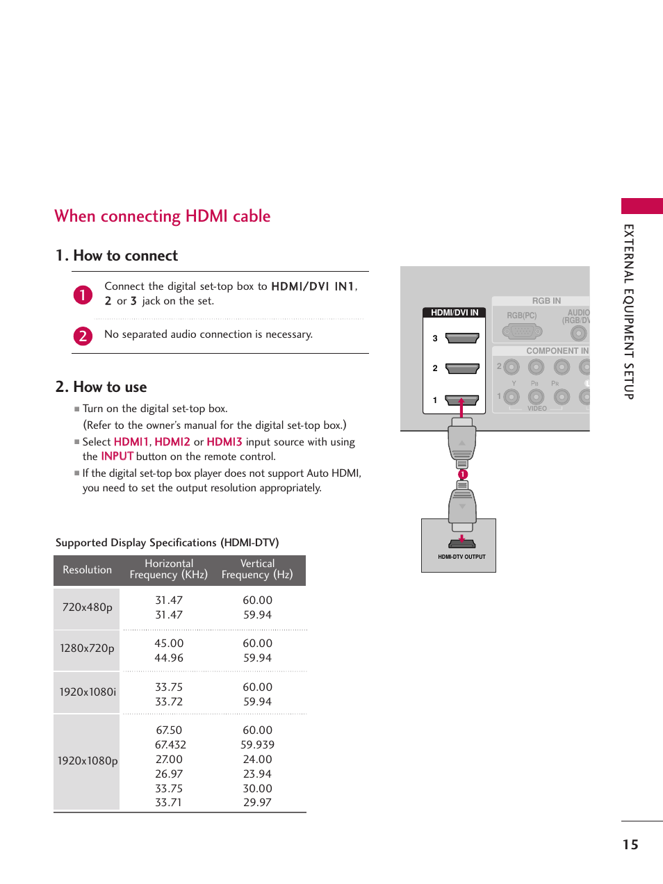 When connecting hdmi cable, How to connect 2. how to use, External eq uipment setup | LG 52LBX User Manual | Page 17 / 102