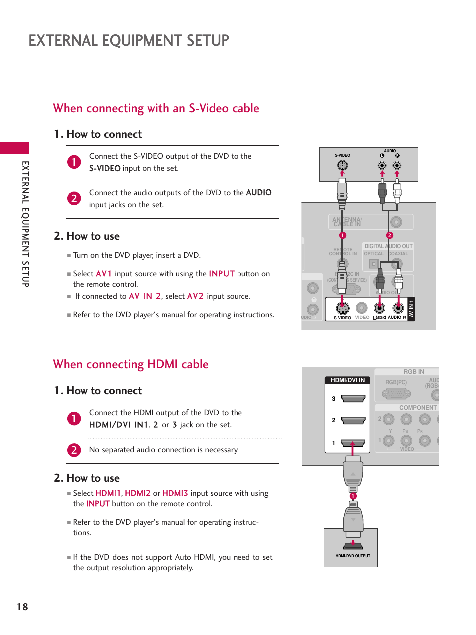 When connecting with an s-video cable, When connecting hdmi cable, External equipment setup | How to connect 2. how to use, External eq uipment setup | LG 52LBX User Manual | Page 20 / 102