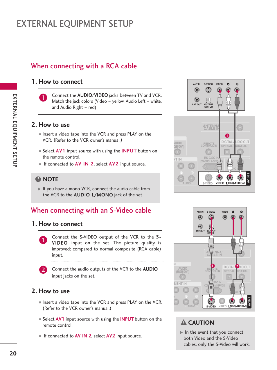 When connecting with a rca cable, When connecting with an s-video cable, External equipment setup | How to connect 2. how to use, Caution, External eq uipment setup | LG 52LBX User Manual | Page 22 / 102