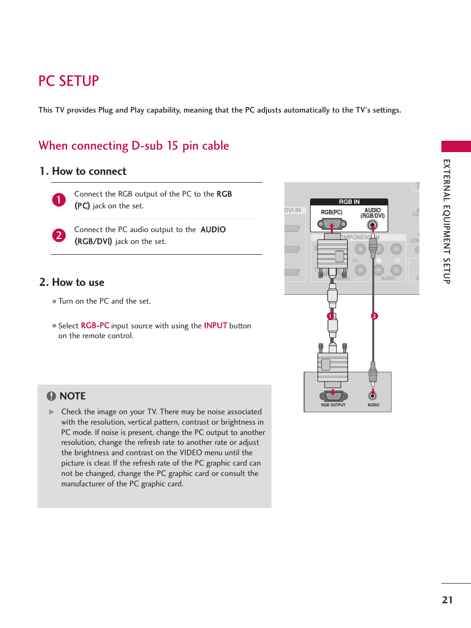 Pc setup, When connecting d-sub 15 pin cable, How to connect 2. how to use | External eq uipment setup | LG 52LBX User Manual | Page 23 / 102