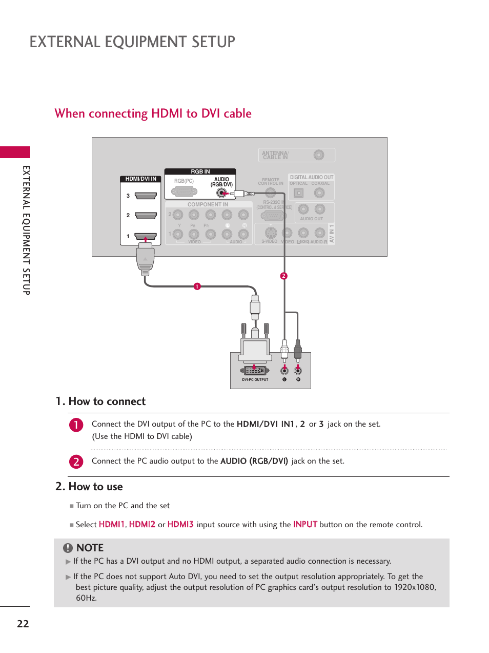 When connecting hdmi to dvi cable, External equipment setup, How to connect | How to use, External eq uipment setup | LG 52LBX User Manual | Page 24 / 102