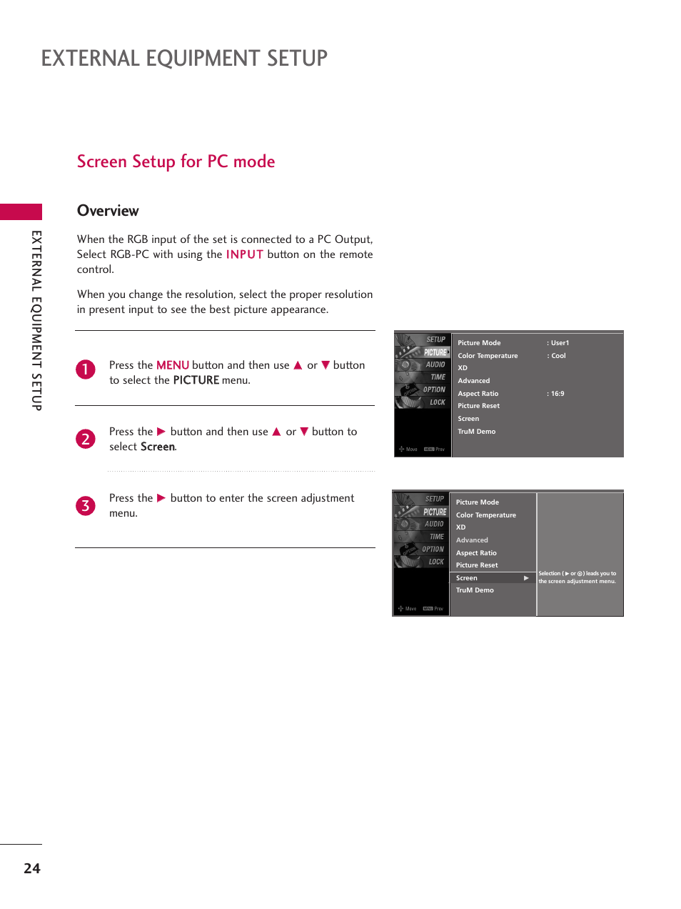 External equipment setup, Screen setup for pc mode, Overview | External eq uipment setup | LG 52LBX User Manual | Page 26 / 102