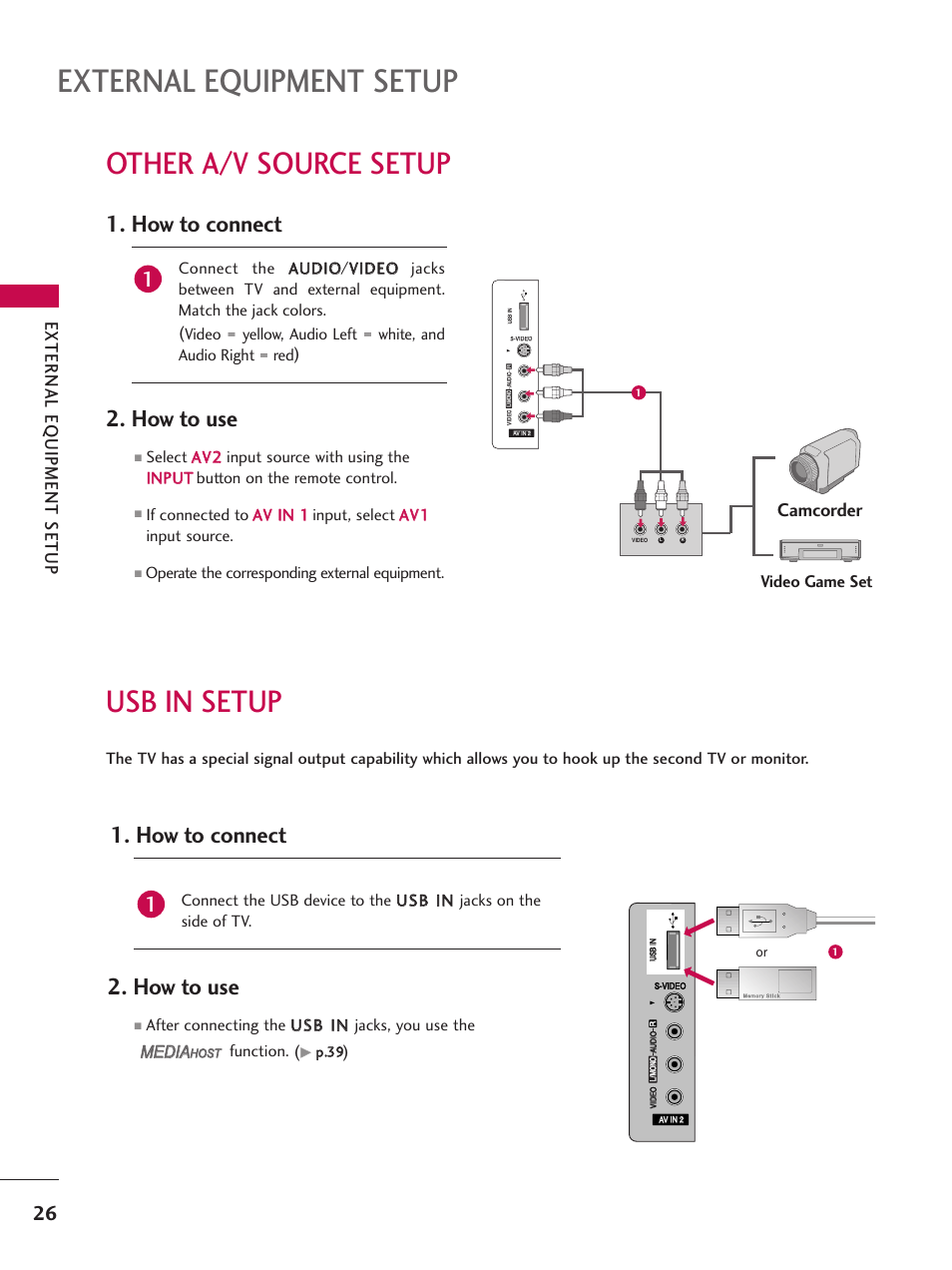 Other a/v source setup, Usb in setup, External equipment setup | How to connect 2. how to use, How to connect, How to use, External eq uipment setup, Camcorder | LG 52LBX User Manual | Page 28 / 102