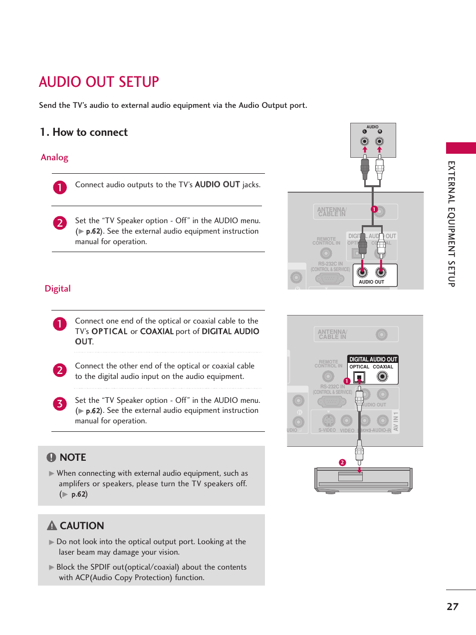 Audio out setup, How to connect, Caution | External eq uipment setup, Analog digital | LG 52LBX User Manual | Page 29 / 102