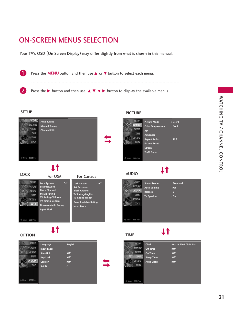 On-screen menus selection, Wa tching tv / channel contr ol, Press the m me en nu u button and then use | Button to select each menu. press the, Button and then use, Audio, Option lock, For usa for canada | LG 52LBX User Manual | Page 33 / 102