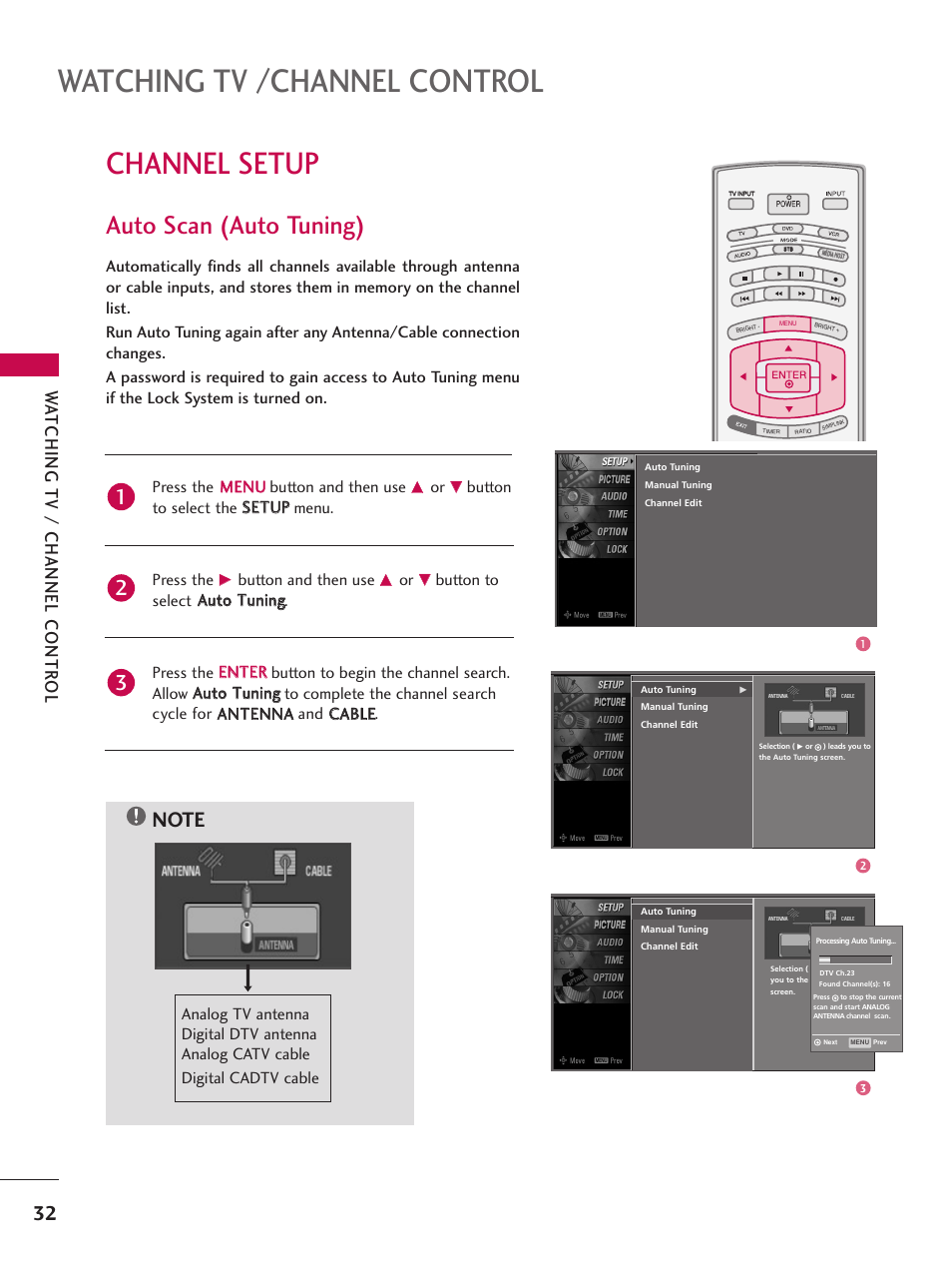 Channel setup, Auto scan (auto tuning), Watching tv /channel control | Wa tching tv / channel contr ol, Press the m me en nu u button and then use, Button and then use | LG 52LBX User Manual | Page 34 / 102