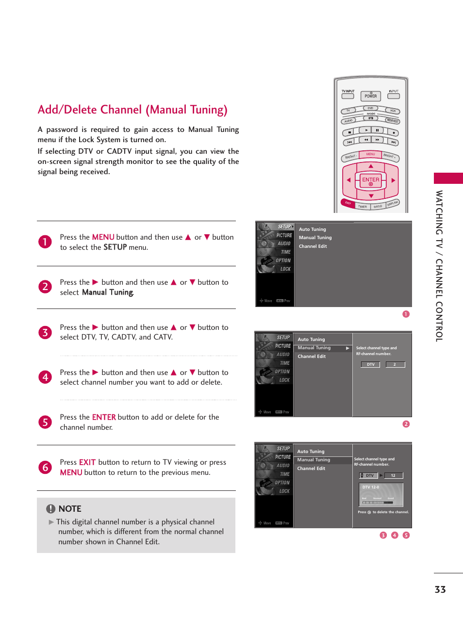 Add/delete channel (manual tuning), Wa tching tv / channel contr ol, Button and then use | LG 52LBX User Manual | Page 35 / 102