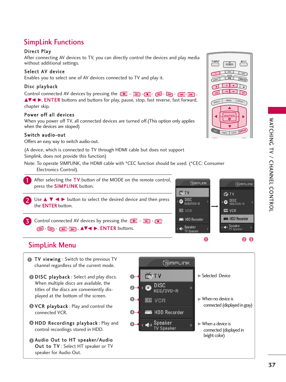 Simplink functions, Simplink menu, Wa tching tv / channel contr ol | LG 52LBX User Manual | Page 39 / 102