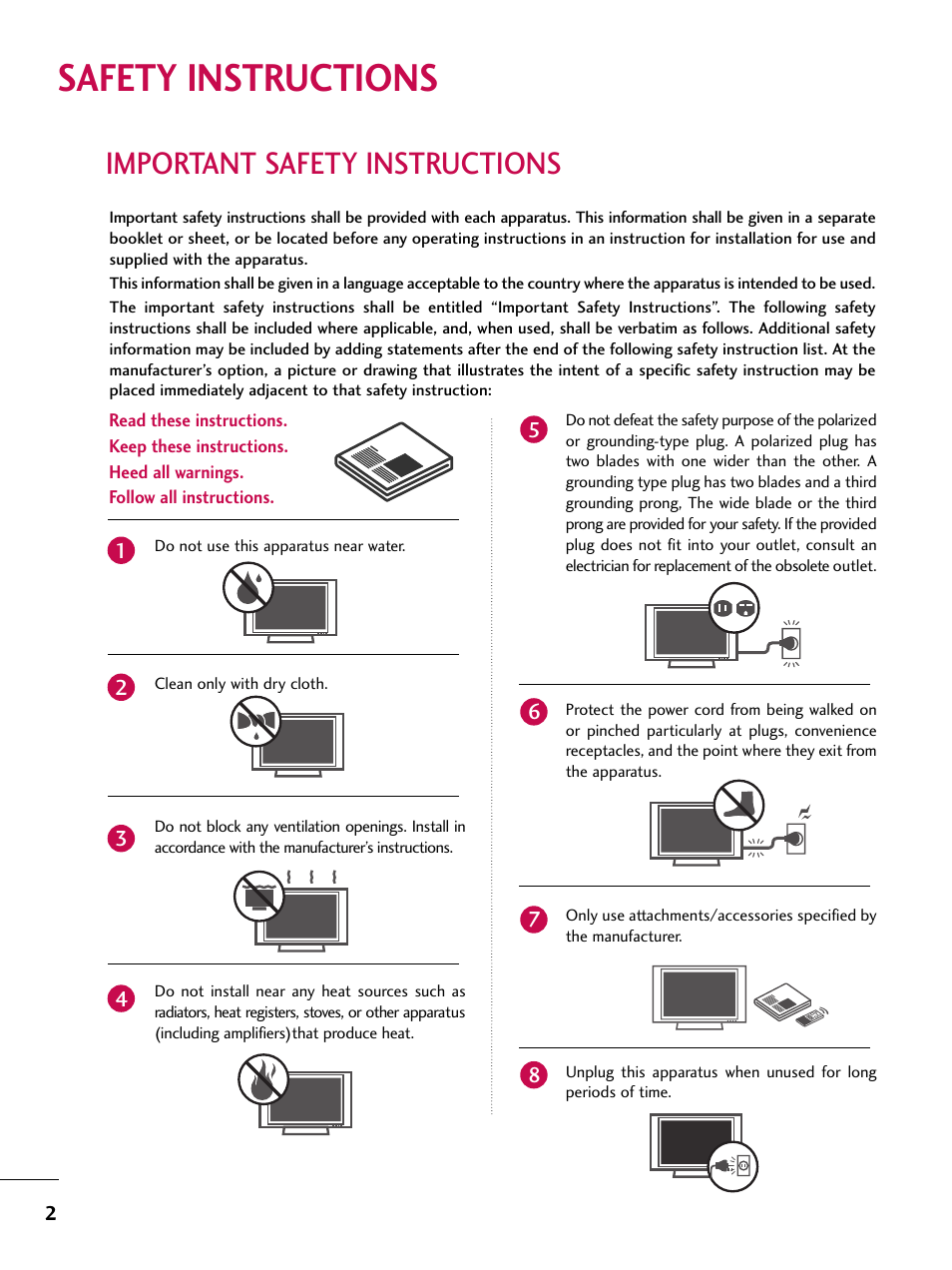 Safety instructions, Important safety instructions | LG 52LBX User Manual | Page 4 / 102