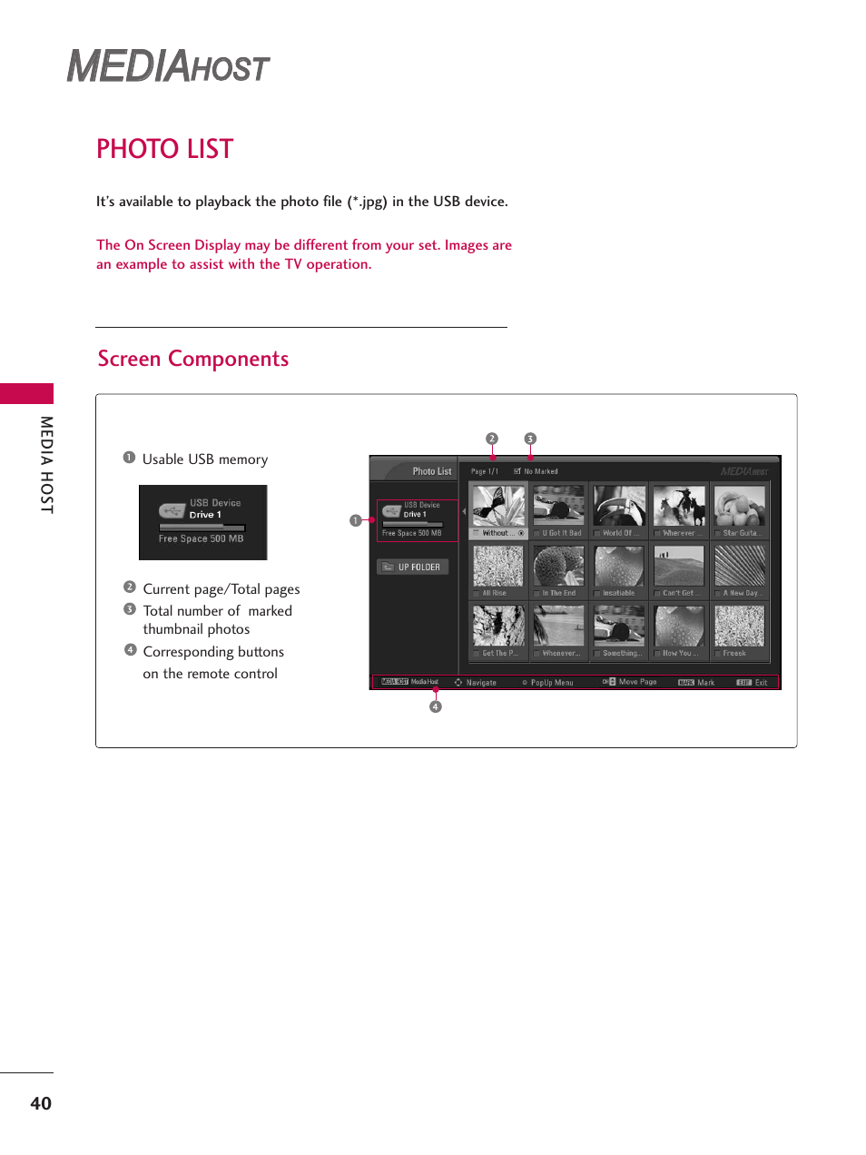 Photo list, Media, Host | LG 52LBX User Manual | Page 42 / 102