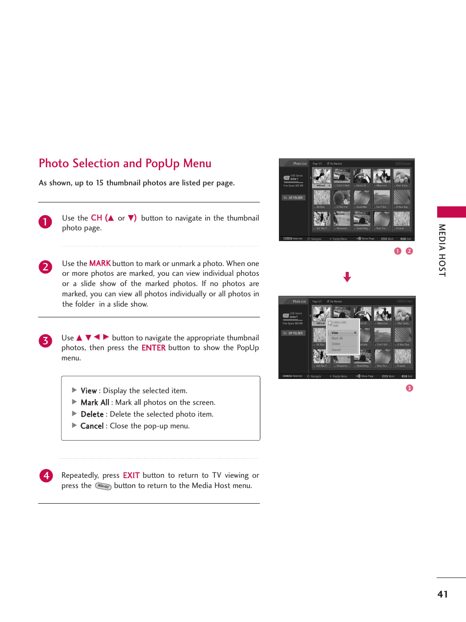 Photo selection and popup menu | LG 52LBX User Manual | Page 43 / 102