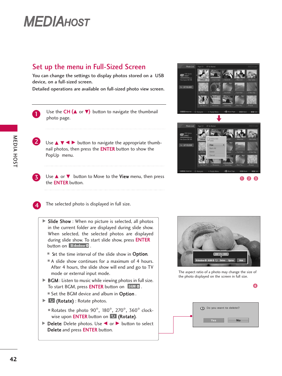 Media, Host, Set up the menu in full-sized screen | LG 52LBX User Manual | Page 44 / 102