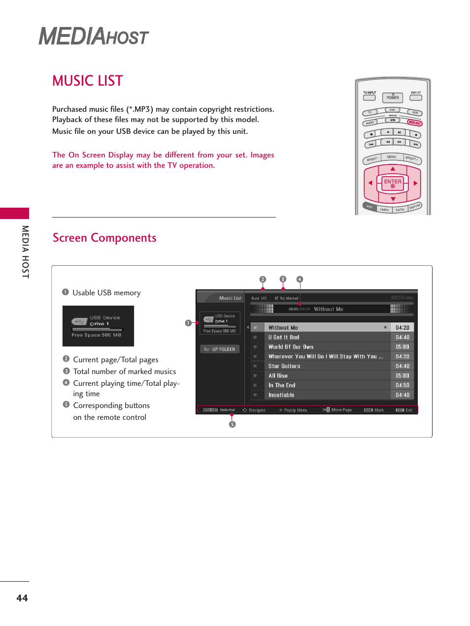 Music list, Media, Host | Screen components, Media hos t | LG 52LBX User Manual | Page 46 / 102