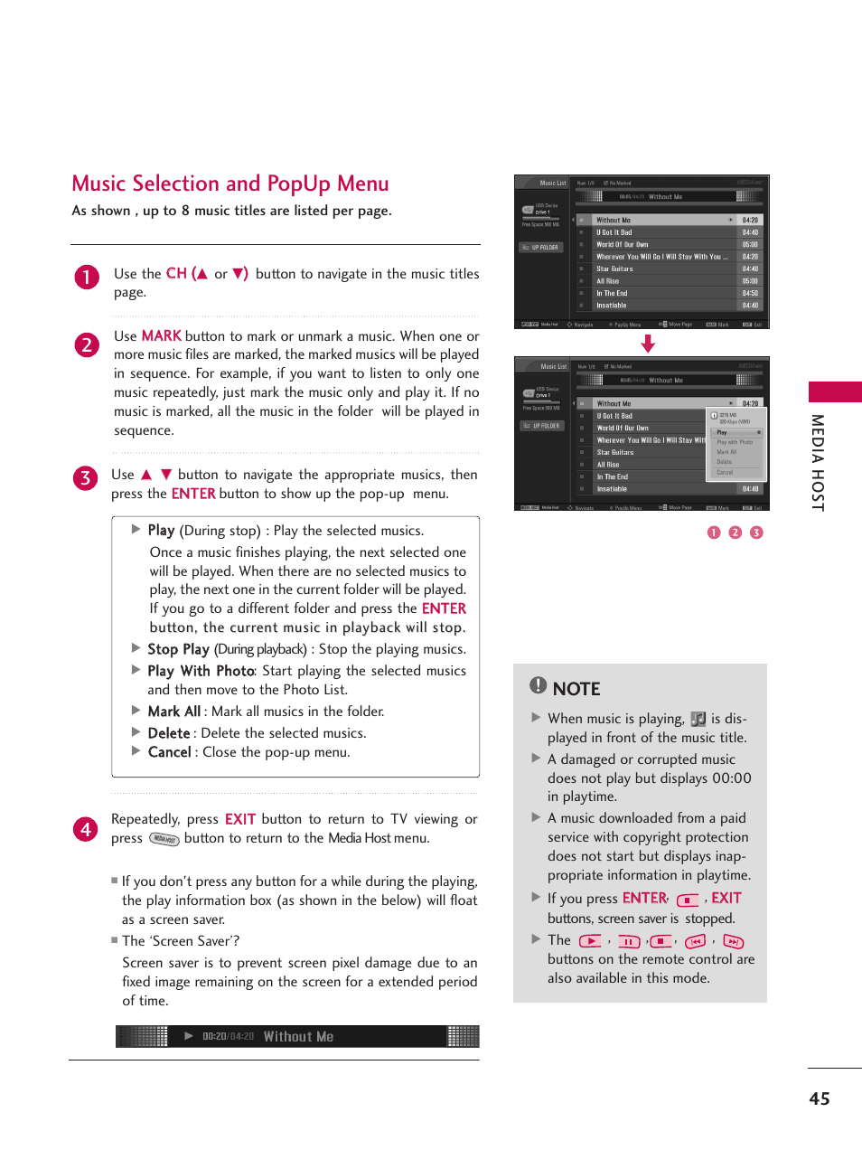 Music selection and popup menu | LG 52LBX User Manual | Page 47 / 102