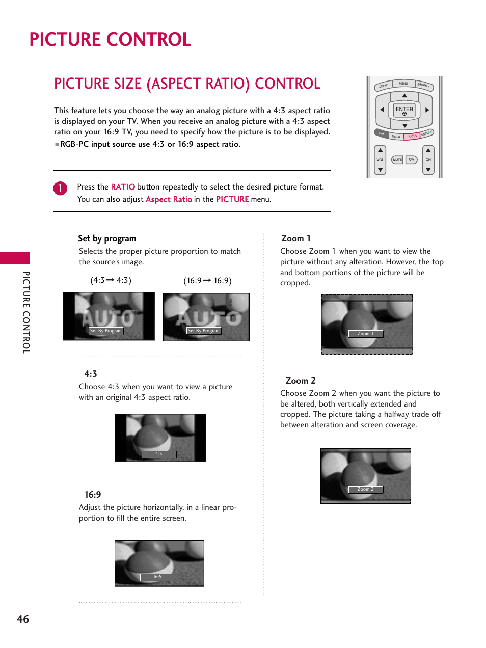 Picture control, Picture size (aspect ratio) control, Picture contr ol | Set by program, Zoom 1, Zoom 2 | LG 52LBX User Manual | Page 48 / 102