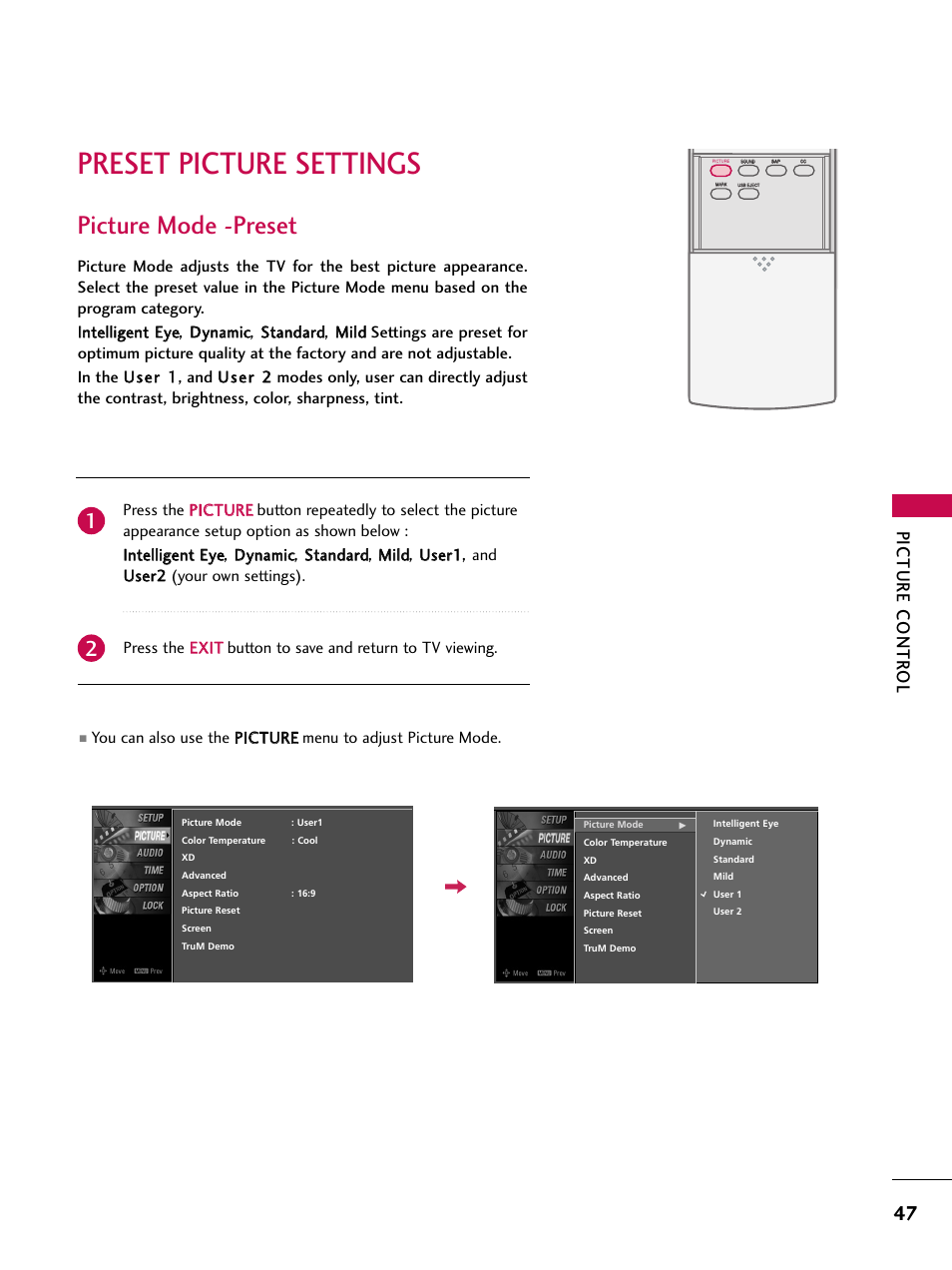 Preset picture settings, Picture mode -preset, Picture contr ol | LG 52LBX User Manual | Page 49 / 102