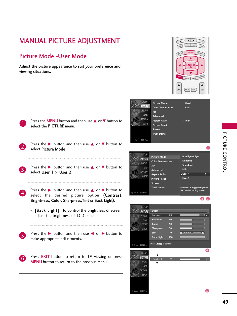 Manual picture adjustment, Picture mode -user mode, Picture contr ol | Press the m me en nu u button and then use, Button and then use | LG 52LBX User Manual | Page 51 / 102