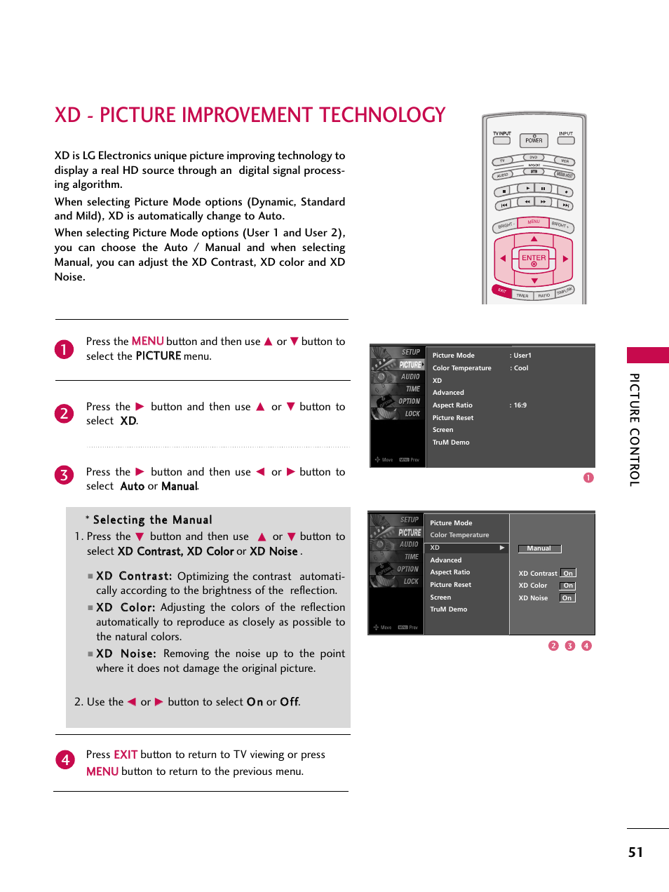 Xd - picture improvement technology, Picture contr ol, Press the m me en nu u button and then use | Button and then use, Button to select x xd d. press the | LG 52LBX User Manual | Page 53 / 102