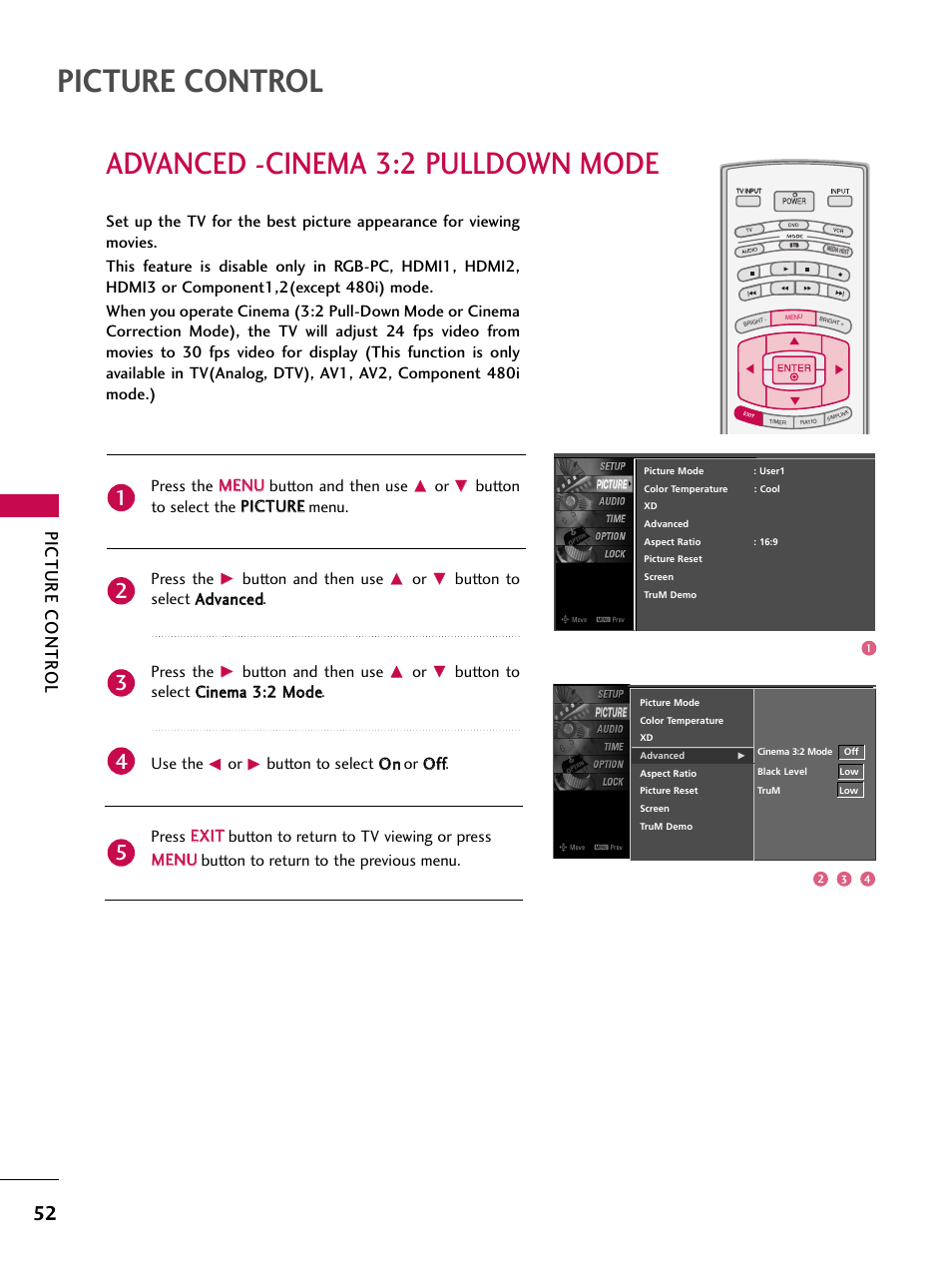Advanced -cinema 3:2 pulldown mode, Picture control, Picture contr ol | Press the m me en nu u button and then use, Button and then use, Button to select a ad dvvaan ncceed d. press the | LG 52LBX User Manual | Page 54 / 102