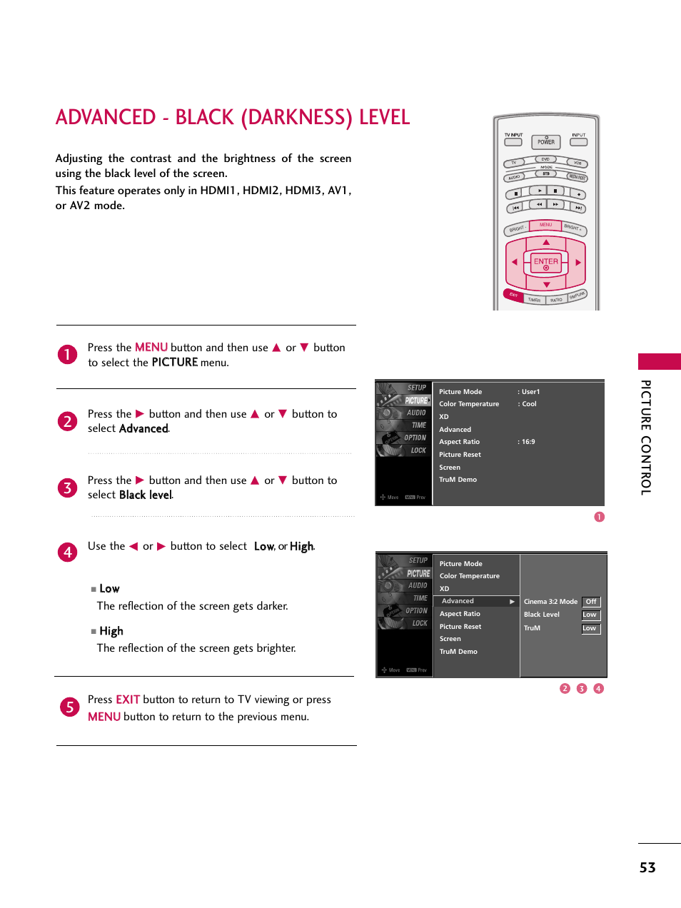 Advanced - black (darkness) level, Picture contr ol, Press the m me en nu u button and then use | Button and then use, Button to select a ad dvvaan ncceed d. press the, Button to select b bllaacckk lleevveell. use the, Button to select llo ow w, or h hiig gh h, Llo ow w the reflection of the screen gets darker | LG 52LBX User Manual | Page 55 / 102