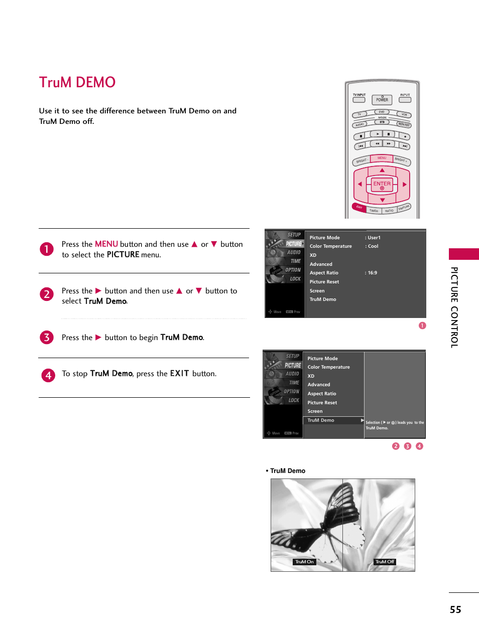 Trum demo, Picture contr ol, Press the m me en nu u button and then use | Button and then use | LG 52LBX User Manual | Page 57 / 102