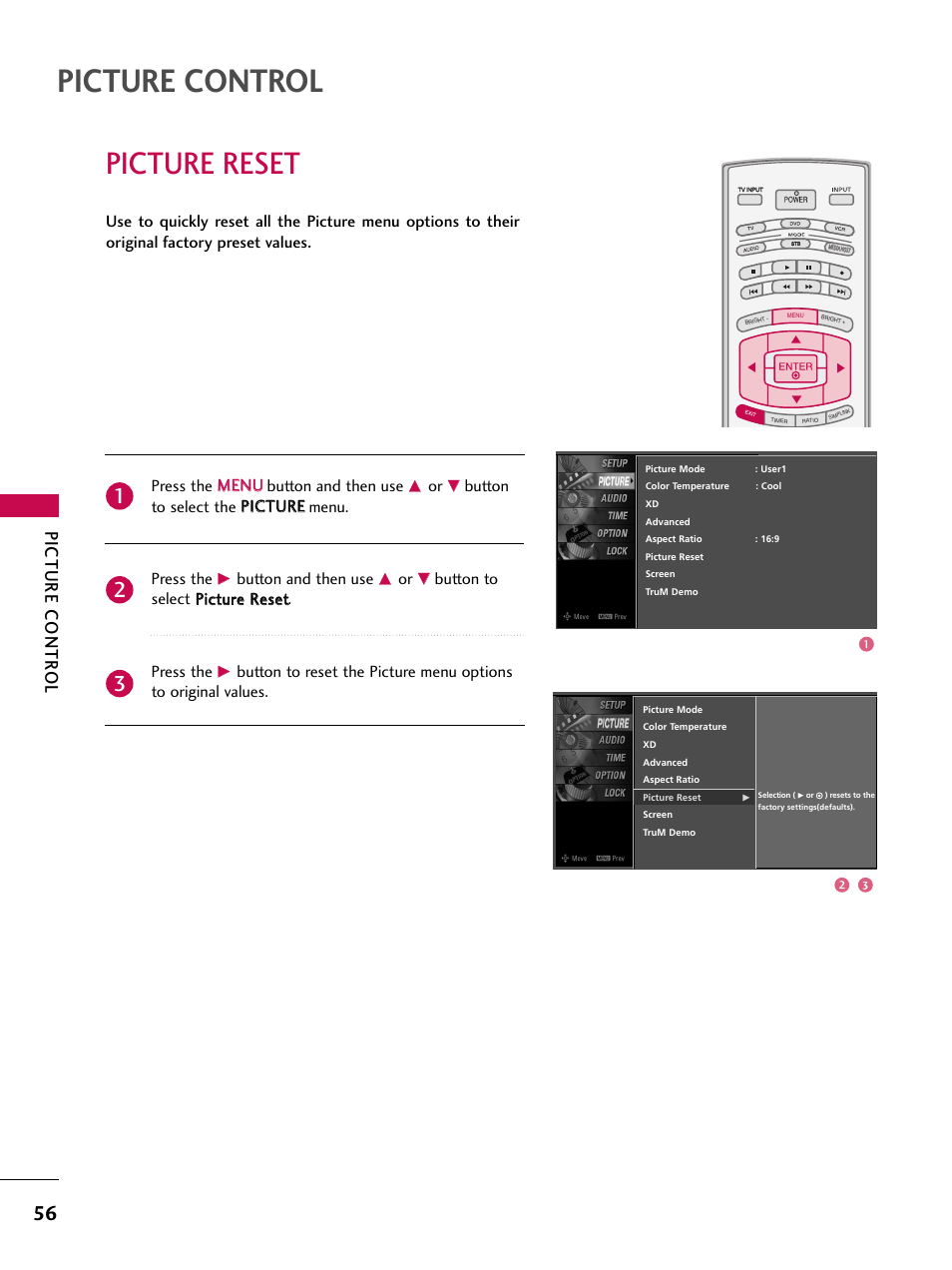 Picture reset, Picture control, Picture contr ol | Press the m me en nu u button and then use, Button and then use | LG 52LBX User Manual | Page 58 / 102