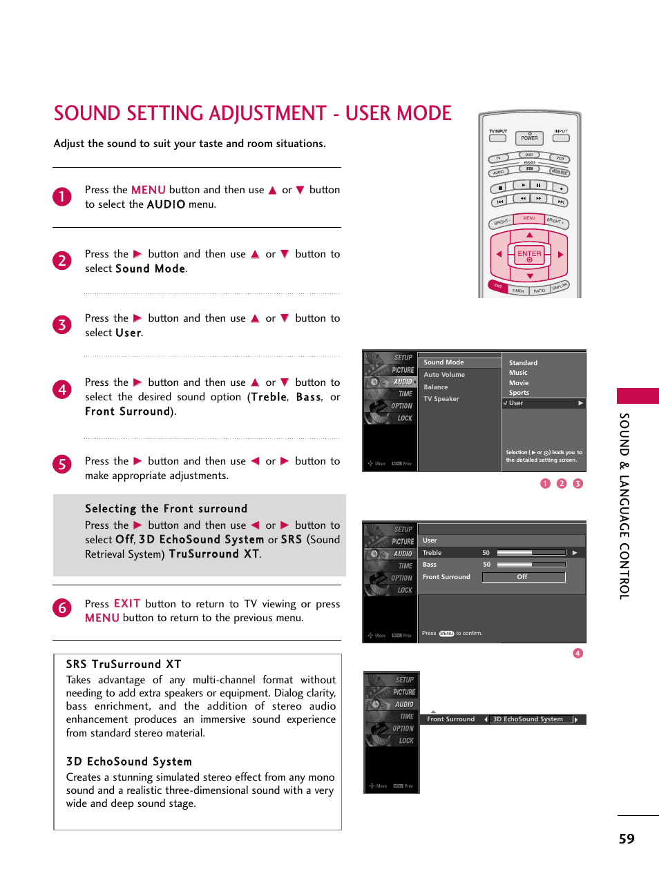 Sound setting adjustment - user mode, Sound & langu a ge contr ol, Button and then use | Button to select u u ss ee rr. press the | LG 52LBX User Manual | Page 61 / 102