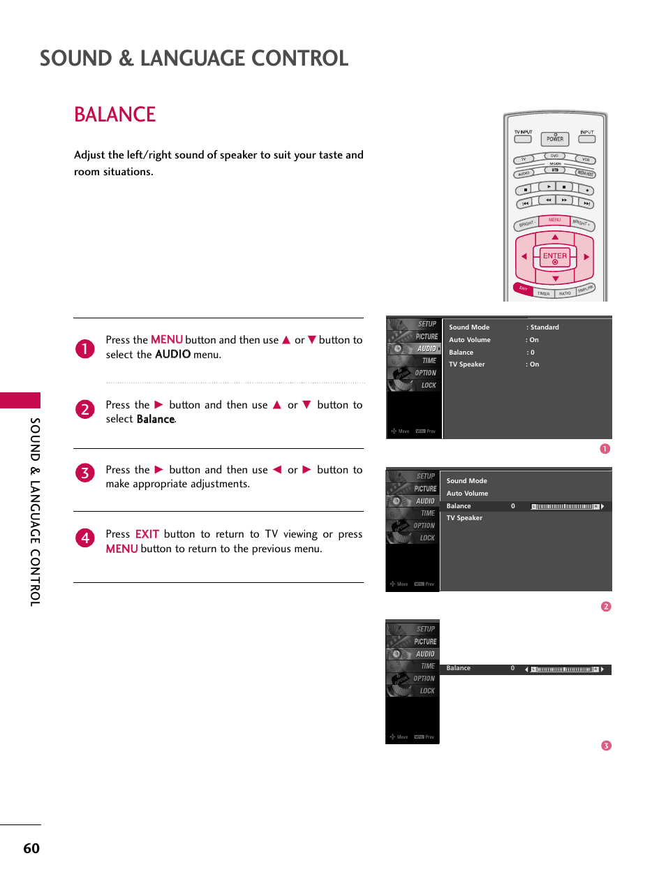 Balance, Sound & language control, Sound & langu a ge contr ol | Button and then use, Button to select b baallaan nccee. press the | LG 52LBX User Manual | Page 62 / 102