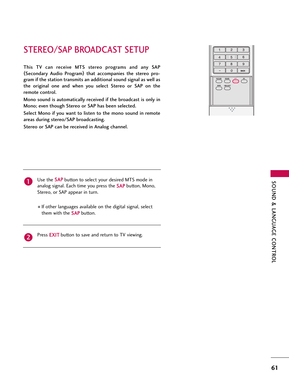 Stereo/sap broadcast setup, Sound & langu a ge contr ol | LG 52LBX User Manual | Page 63 / 102