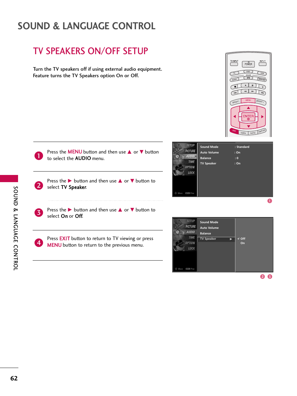 Tv speakers on/off setup, Sound & language control, Sound & langu a ge contr ol | Press the m me en nu u button and then use, Button and then use | LG 52LBX User Manual | Page 64 / 102