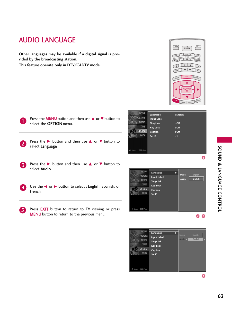 Audio language, Sound & langu a ge contr ol, Press the m me en nu u button and then use | Button and then use, Button to select llaan ng gu uaag gee. press the, Button to select a au ud diio o. use the | LG 52LBX User Manual | Page 65 / 102