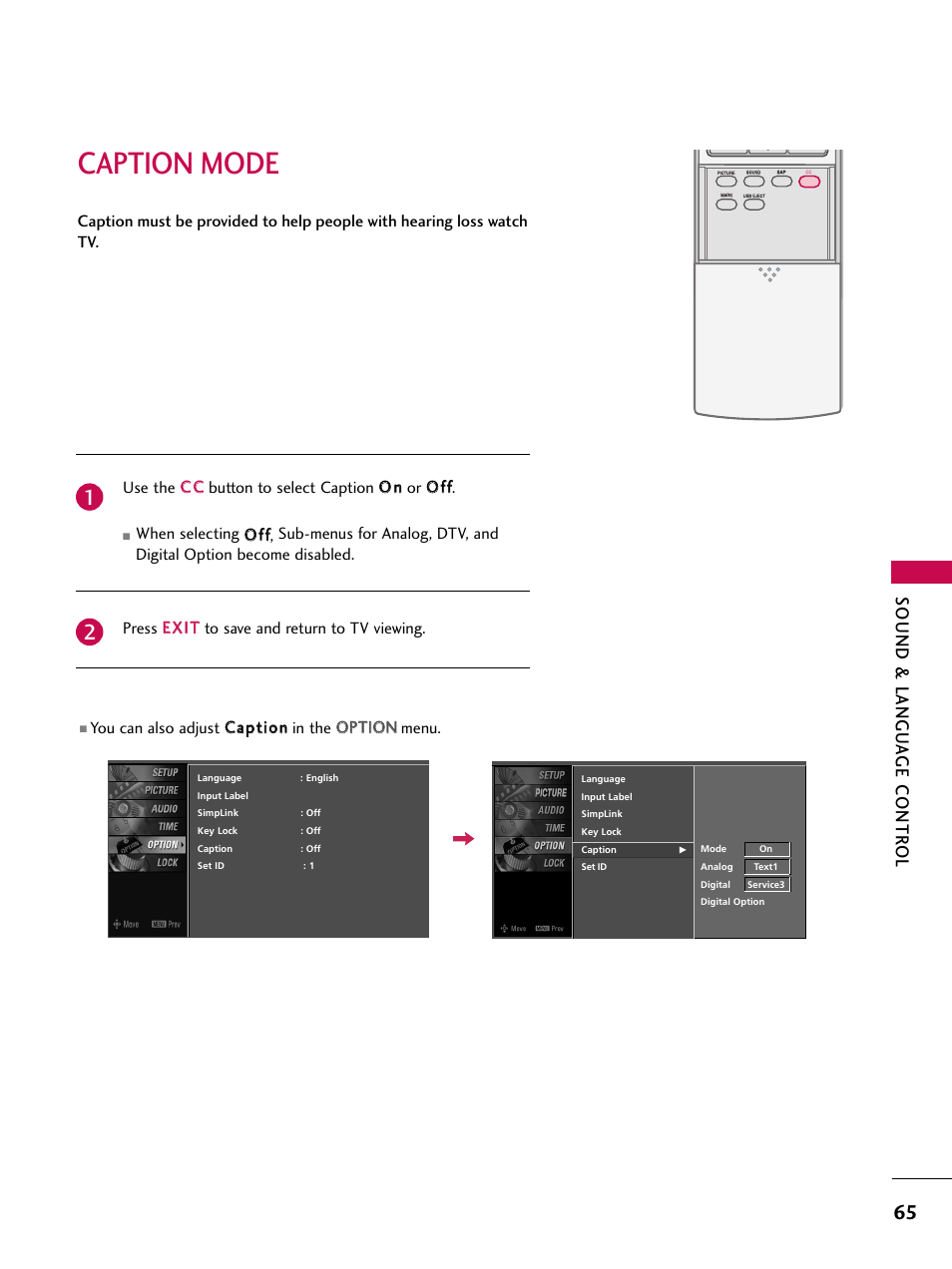 Caption mode, Sound & langu a ge contr ol | LG 52LBX User Manual | Page 67 / 102