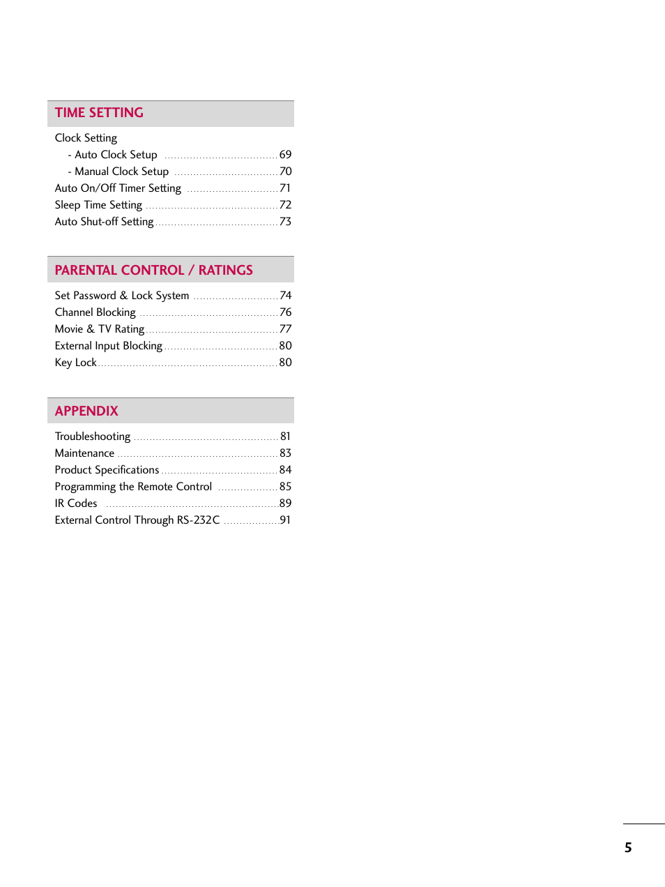 5time setting, Parental control / ratings, Appendix | LG 52LBX User Manual | Page 7 / 102