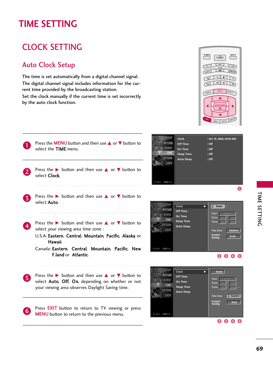 Time setting, Clock setting, Auto clock setup | Button to select the t tiim me e menu. press the, Button and then use, Button to select c cllo occkk. press the, Button to select a au utto o. press the | LG 52LBX User Manual | Page 71 / 102