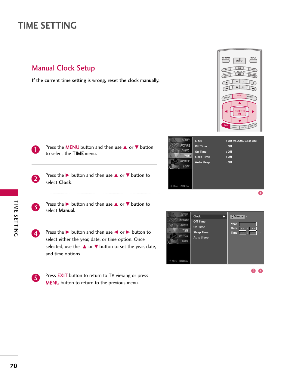 Manual clock setup, Time setting, Button to select the t tiim me e menu. press the | Button and then use, Button to select c cllo occkk. press the, Button to select m maan nu uaall. press the | LG 52LBX User Manual | Page 72 / 102