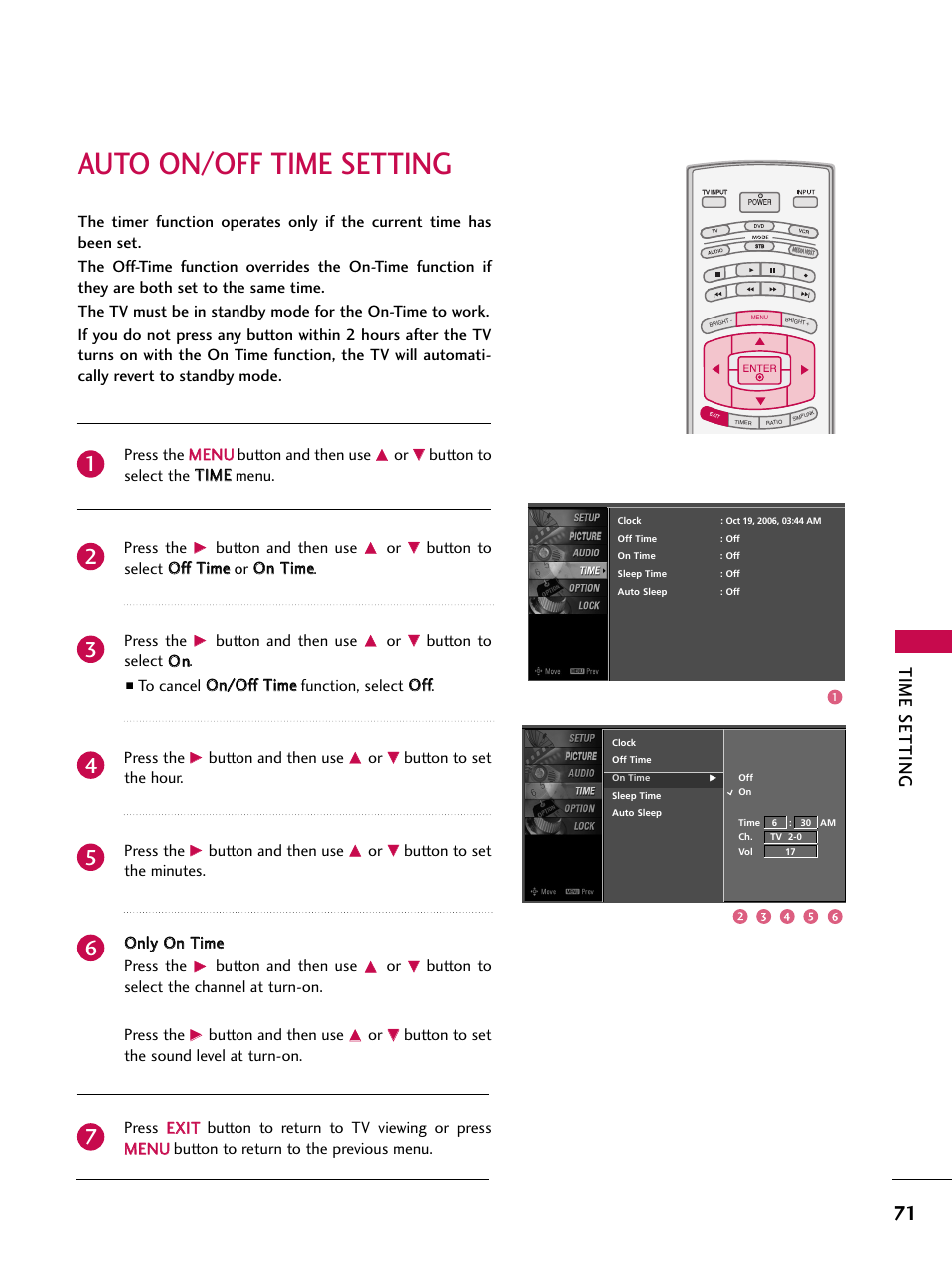 Auto on/off time setting, Time setting, Button to select the t tiim me e menu. press the | Button and then use, Button to select o on n, Button to set the hour. press the, Button to select the channel at turn-on. press the | LG 52LBX User Manual | Page 73 / 102