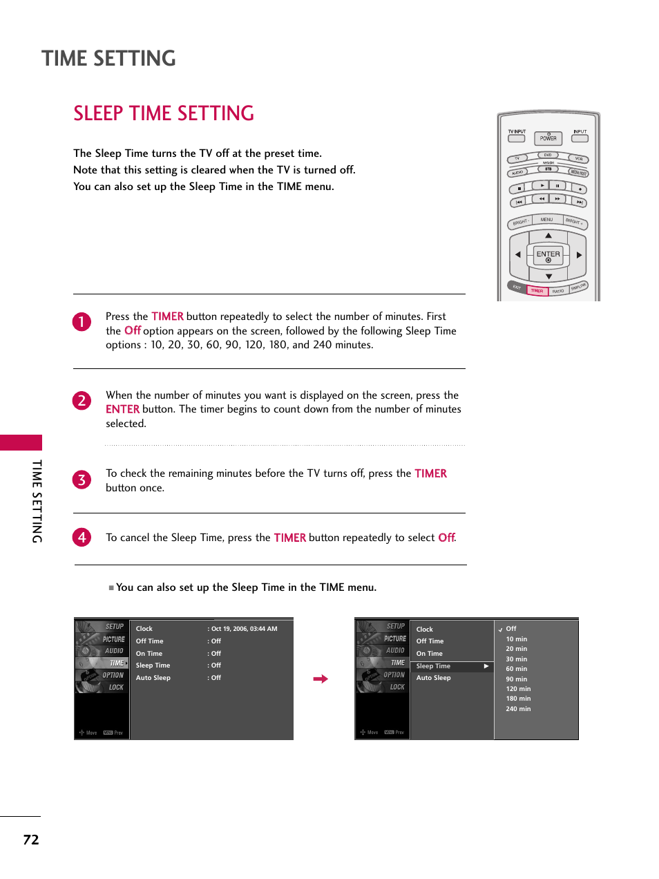 Sleep time setting, Time setting | LG 52LBX User Manual | Page 74 / 102