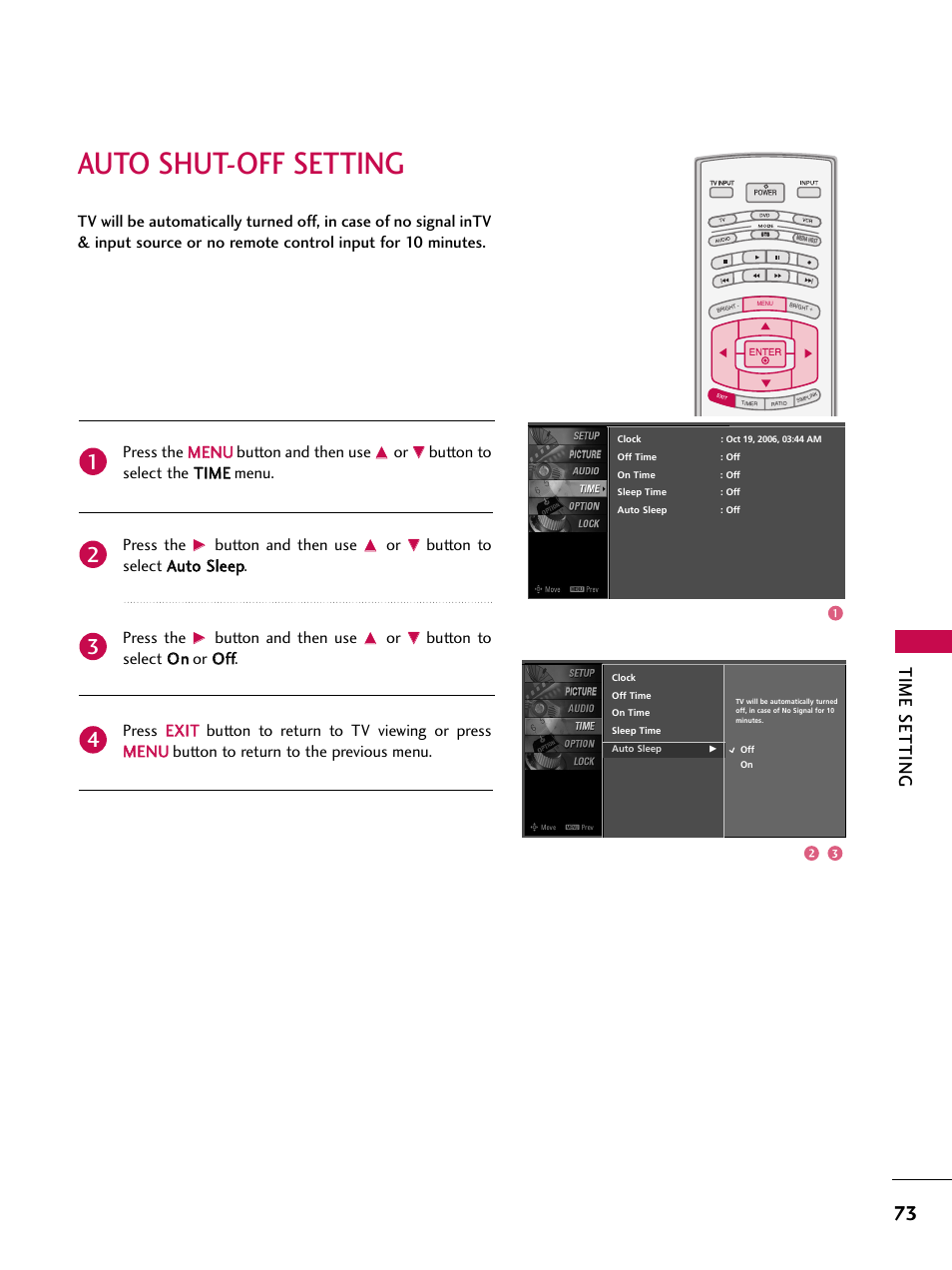 Auto shut-off setting, Time setting, Button to select the t tiim me e menu. press the | Button and then use | LG 52LBX User Manual | Page 75 / 102