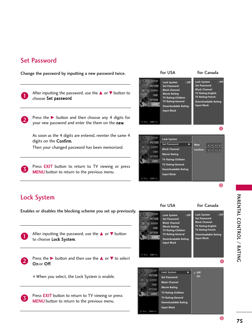 Set password, Lock system, Parent al contr ol / r a ting | LG 52LBX User Manual | Page 77 / 102