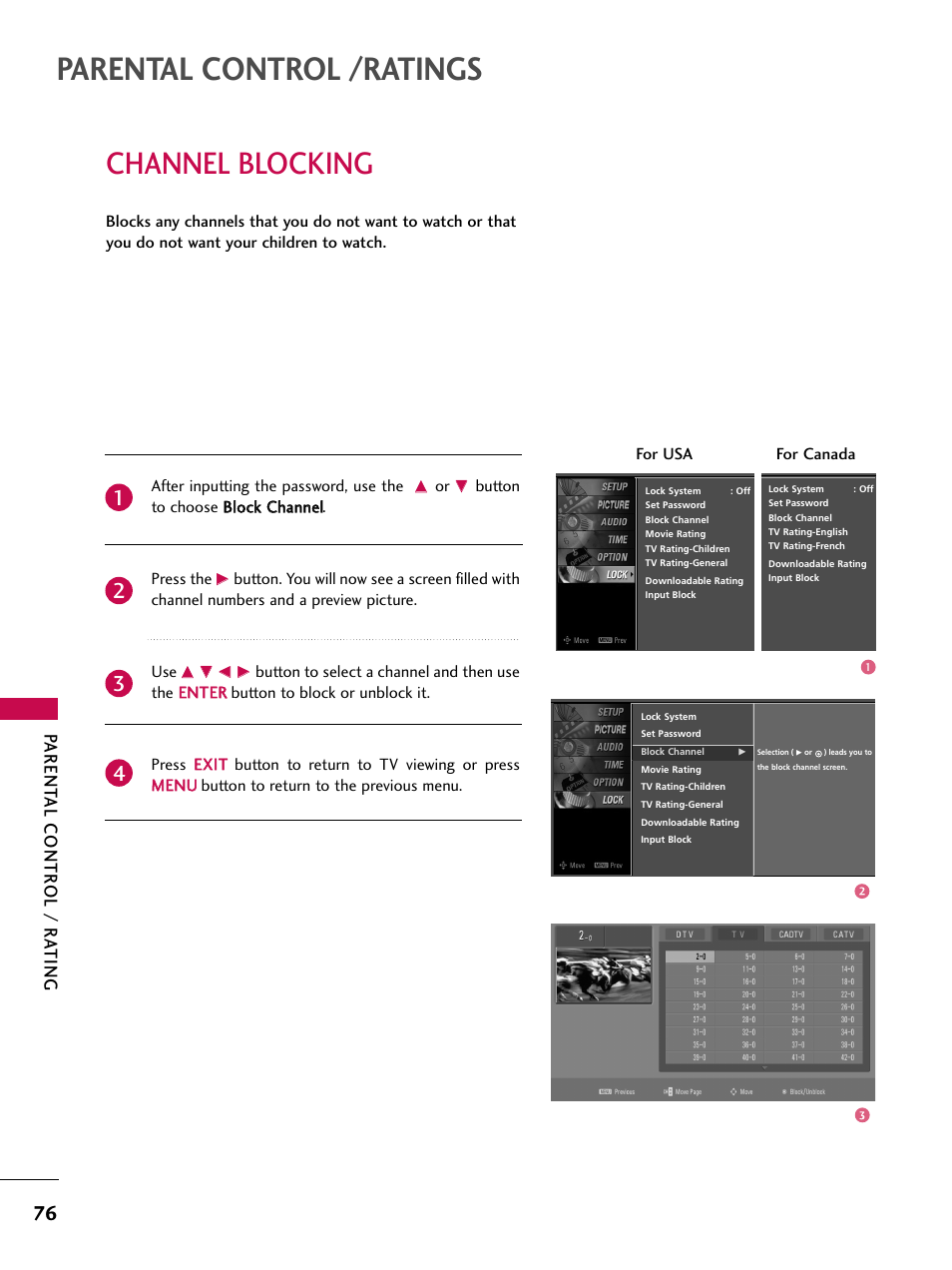 Channel blocking, Parental control /ratings, Parent al contr ol / r a ting | LG 52LBX User Manual | Page 78 / 102