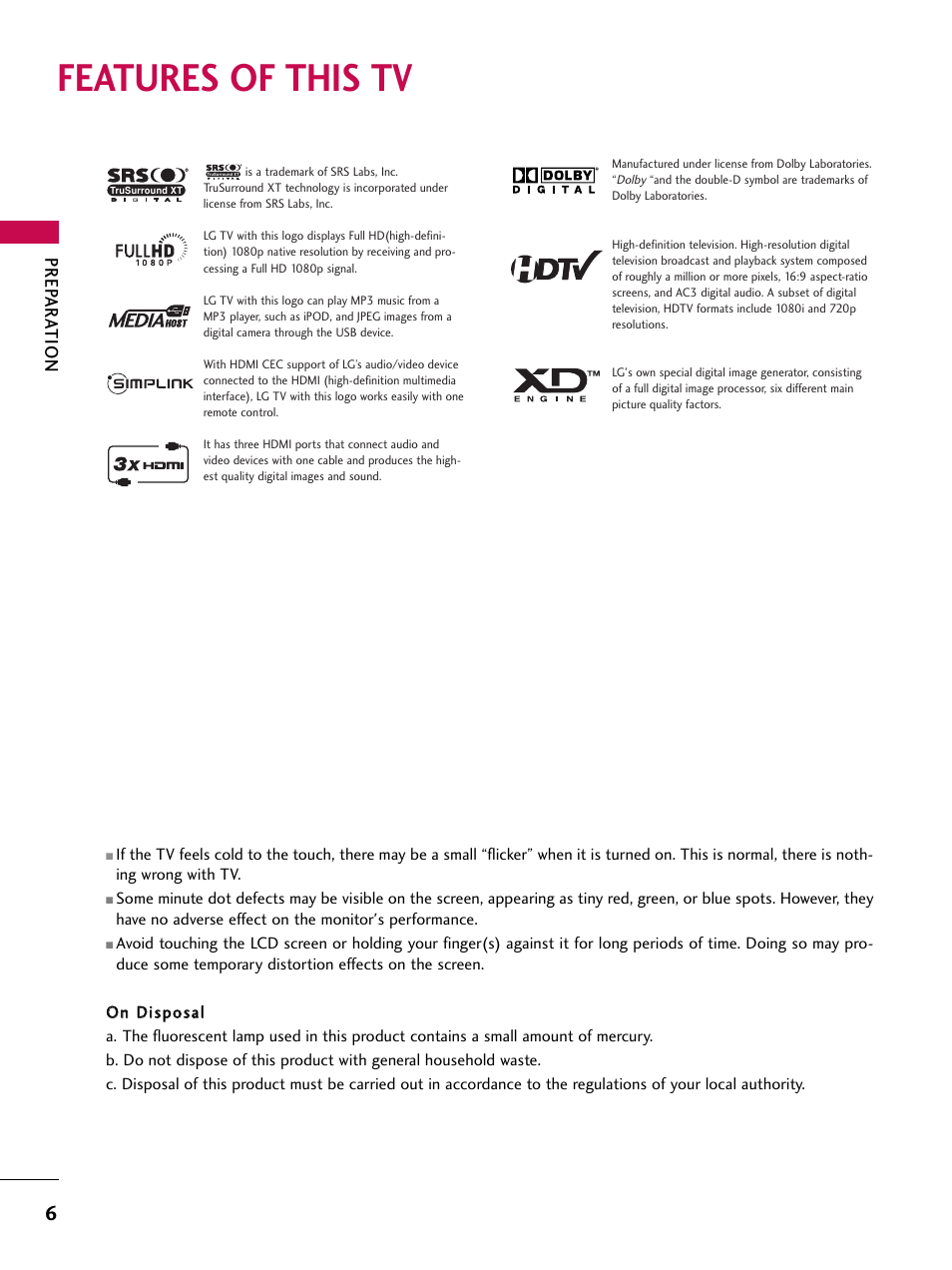 Features of this tv, Prep ar a tion | LG 52LBX User Manual | Page 8 / 102