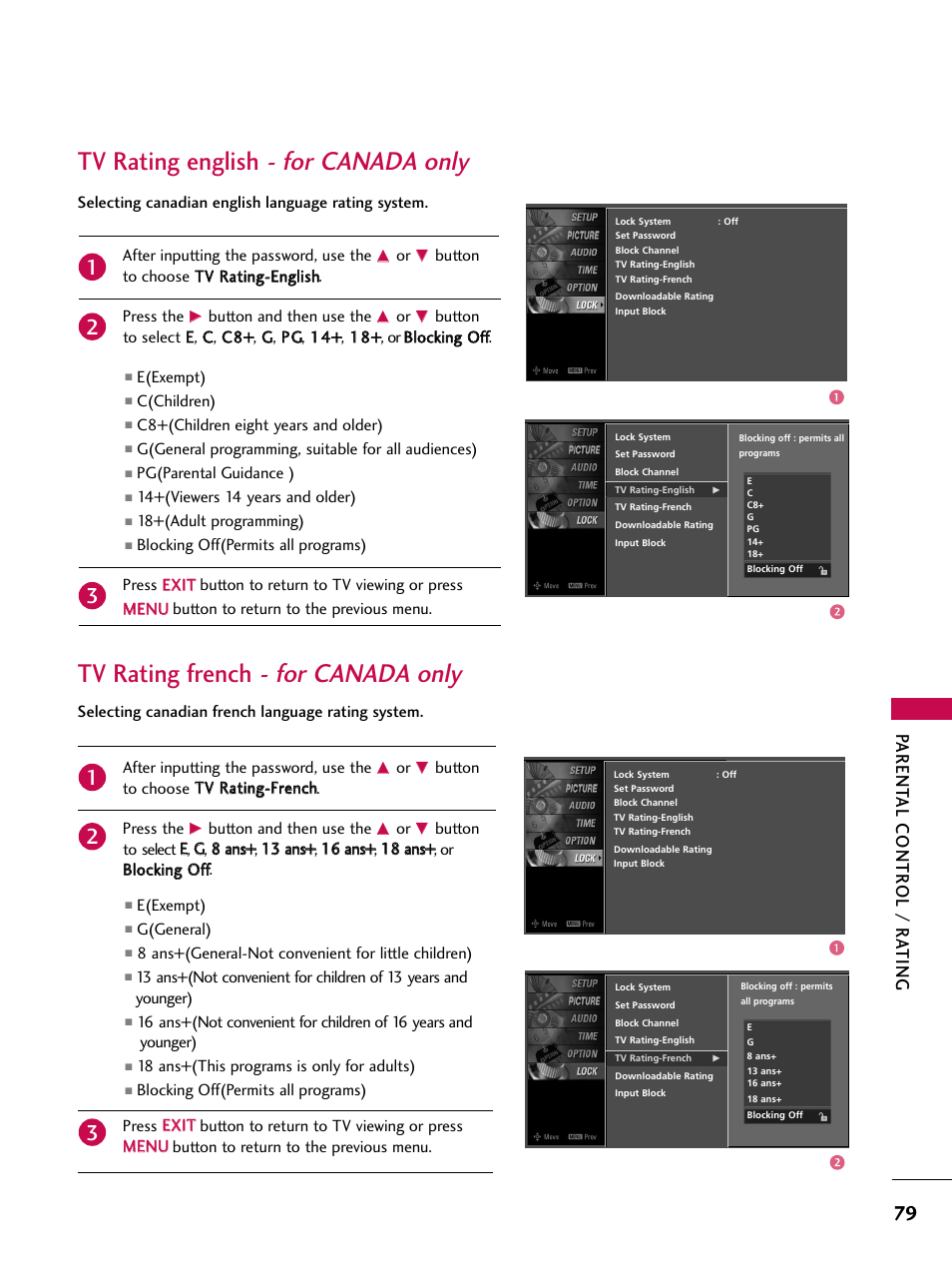 Tv rating english - for canada only, Tv rating french - for canada only, Parent al contr ol / r a ting | LG 52LBX User Manual | Page 81 / 102