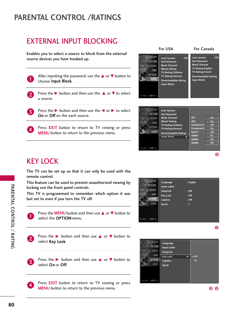 External input blocking, Key lock, Parental control /ratings | Parent al contr ol / r a ting | LG 52LBX User Manual | Page 82 / 102