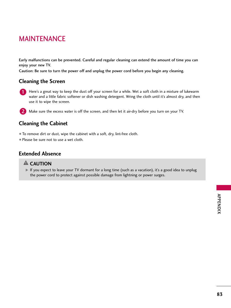 Maintenance, Cleaning the screen, Cleaning the cabinet | Extended absence | LG 52LBX User Manual | Page 85 / 102