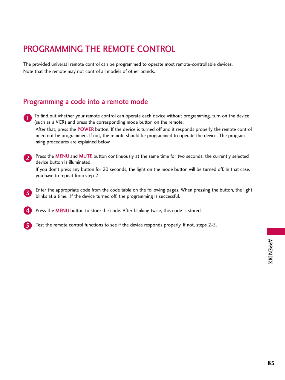 Programming the remote control, Programming a code into a remote mode | LG 52LBX User Manual | Page 87 / 102