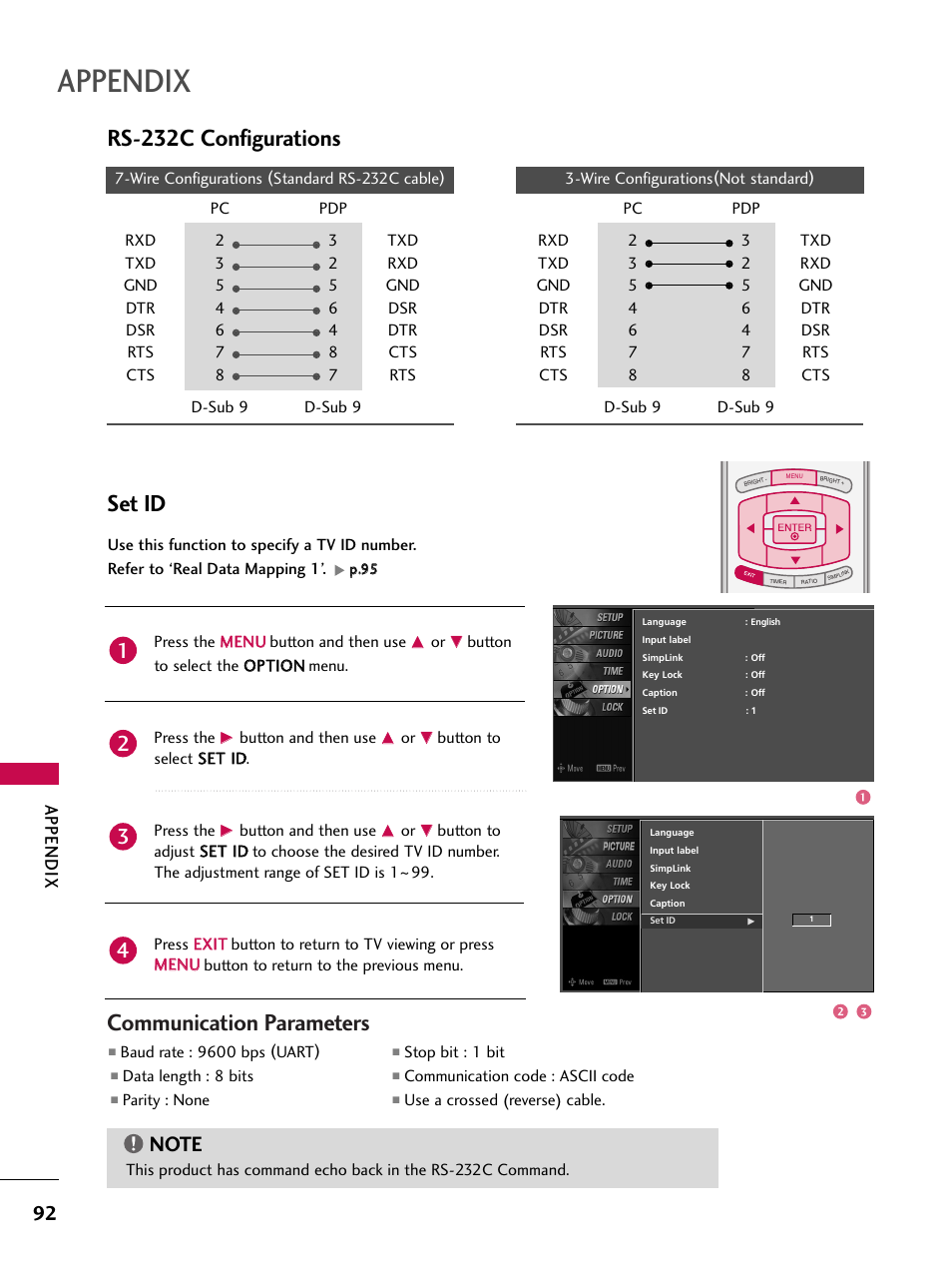 Set id, Communication parameters, Rs-232c configurations | Appendix, Press the m me en nu u button and then use, Button and then use, Button to select s se et t iid d. press the, Baud rate : 9600 bps (uart), Data length : 8 bits, Parity : none | LG 52LBX User Manual | Page 94 / 102