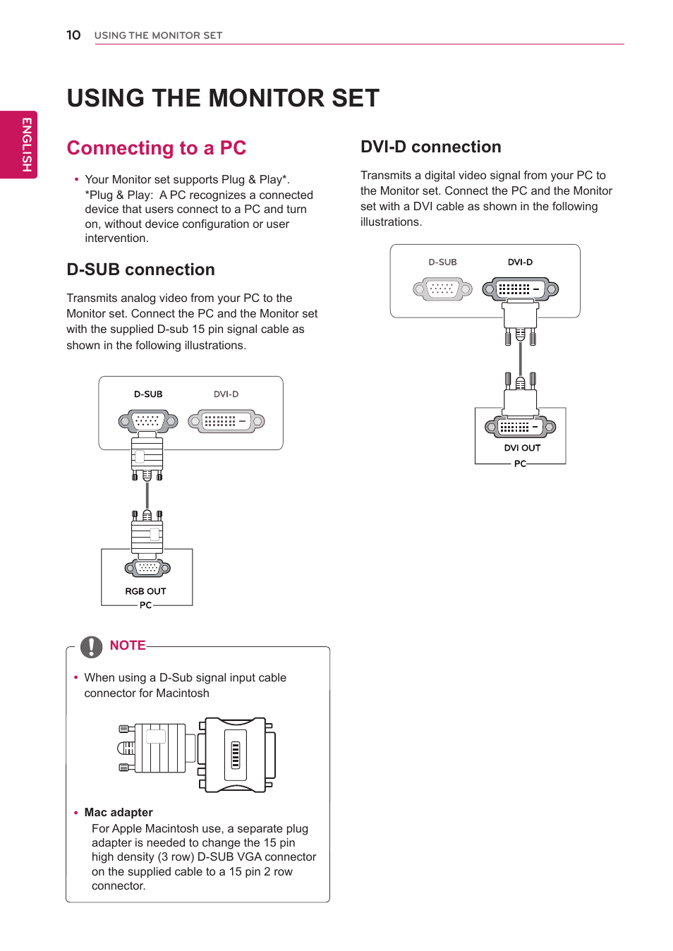 Using the monitor set, Connecting to a pc, D-sub connection | Dvi-d connection, 10 connecting to a pc 10 | LG IPS225T-BN User Manual | Page 10 / 26