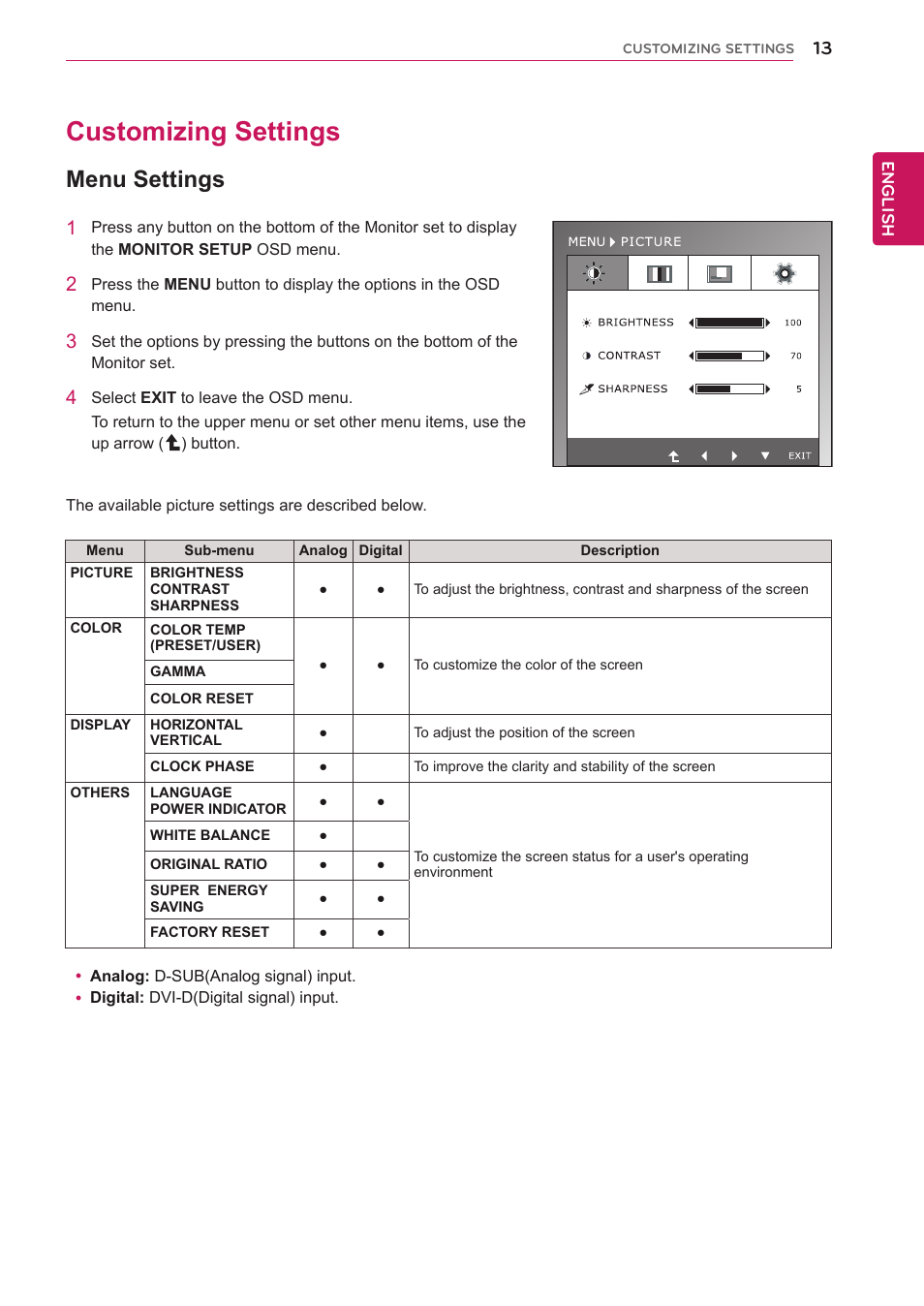 Customizing settings, Menu settings, 13 customizing settings 13 | LG IPS225T-BN User Manual | Page 13 / 26